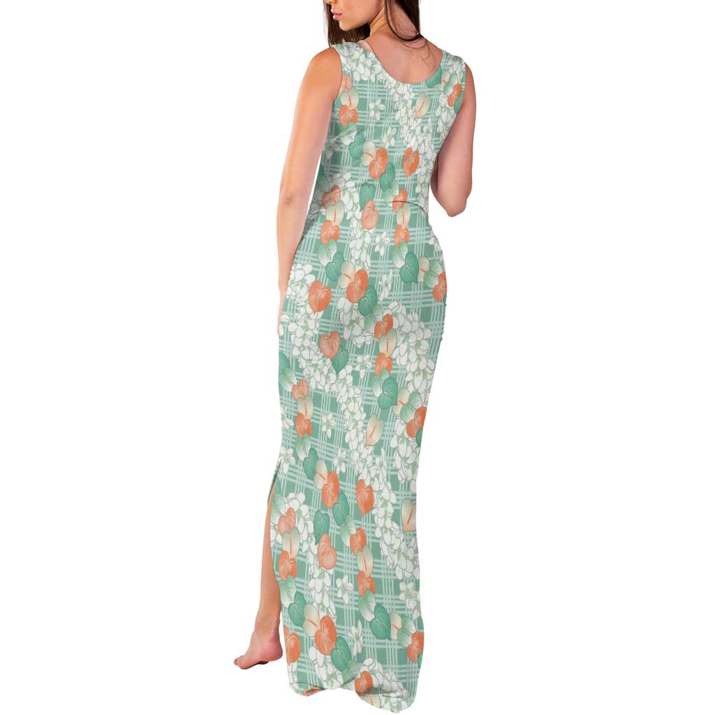 Anthurium Plumeria Lei Pastel Tank Maxi Dress Teal Hawaiian Splendid Palaka