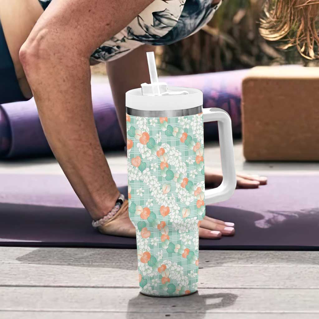 Anthurium Plumeria Lei Pastel Tumbler With Handle Teal Hawaiian Splendid Palaka