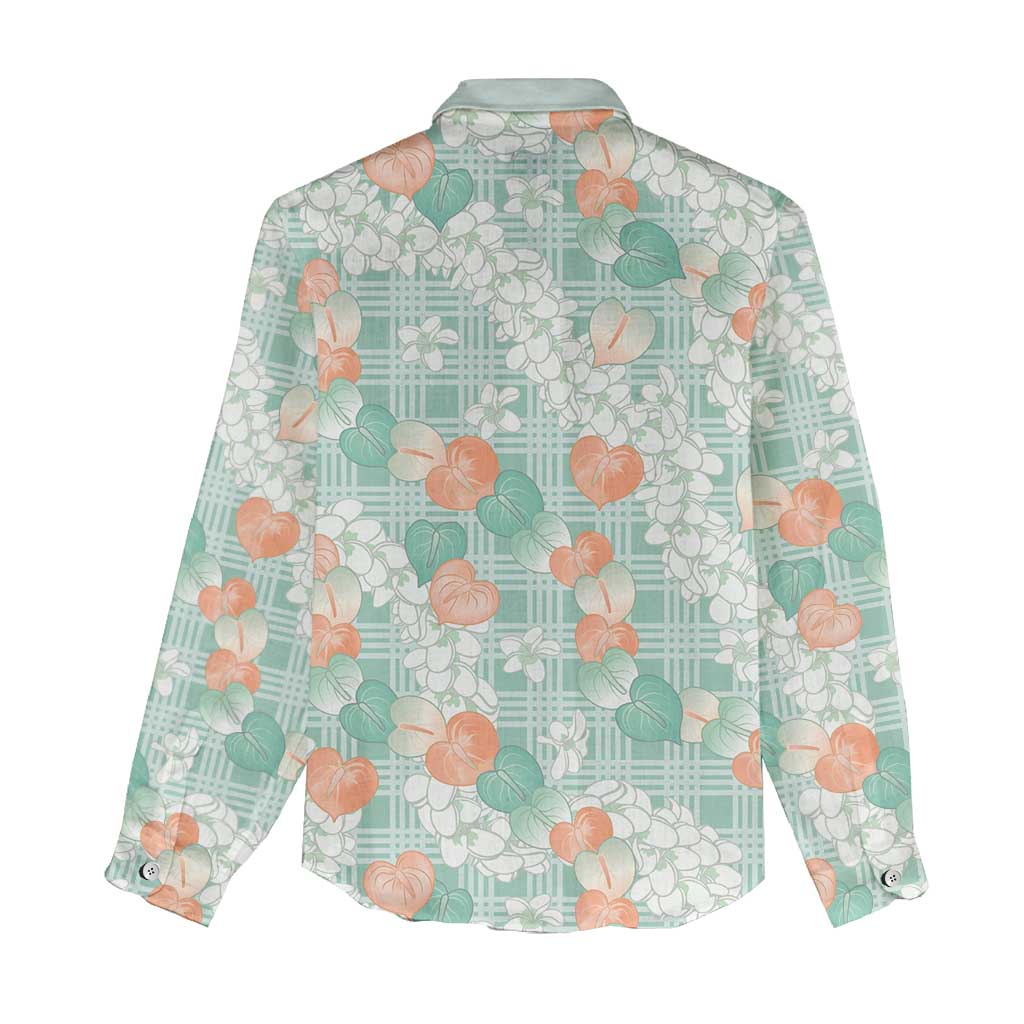Anthurium Plumeria Lei Pastel Women Casual Shirt Teal Hawaiian Splendid Palaka