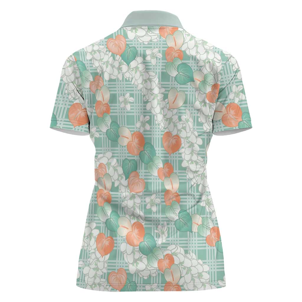 Anthurium Plumeria Lei Pastel Women Polo Shirt Teal Hawaiian Splendid Palaka LT01 - Polynesian Pride