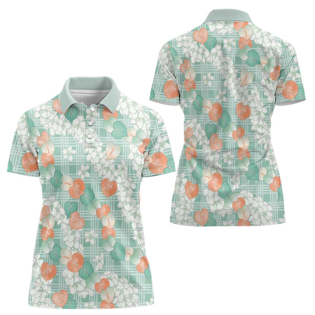 Anthurium Plumeria Lei Pastel Women Polo Shirt Teal Hawaiian Splendid Palaka LT01 - Polynesian Pride
