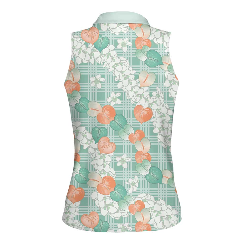 Anthurium Plumeria Lei Pastel Women Sleeveless Polo Shirt Teal Hawaiian Splendid Palaka LT01 - Polynesian Pride