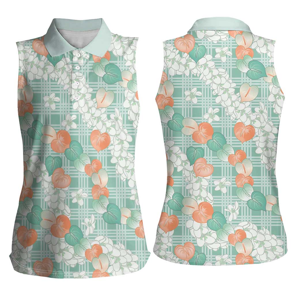 Anthurium Plumeria Lei Pastel Women Sleeveless Polo Shirt Teal Hawaiian Splendid Palaka LT01 - Polynesian Pride
