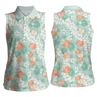 Anthurium Plumeria Lei Pastel Women Sleeveless Polo Shirt Teal Hawaiian Splendid Palaka LT01 - Polynesian Pride