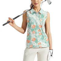 Anthurium Plumeria Lei Pastel Women Sleeveless Polo Shirt Teal Hawaiian Splendid Palaka LT01 - Polynesian Pride