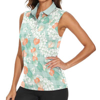 Anthurium Plumeria Lei Pastel Women Sleeveless Polo Shirt Teal Hawaiian Splendid Palaka LT01 - Polynesian Pride