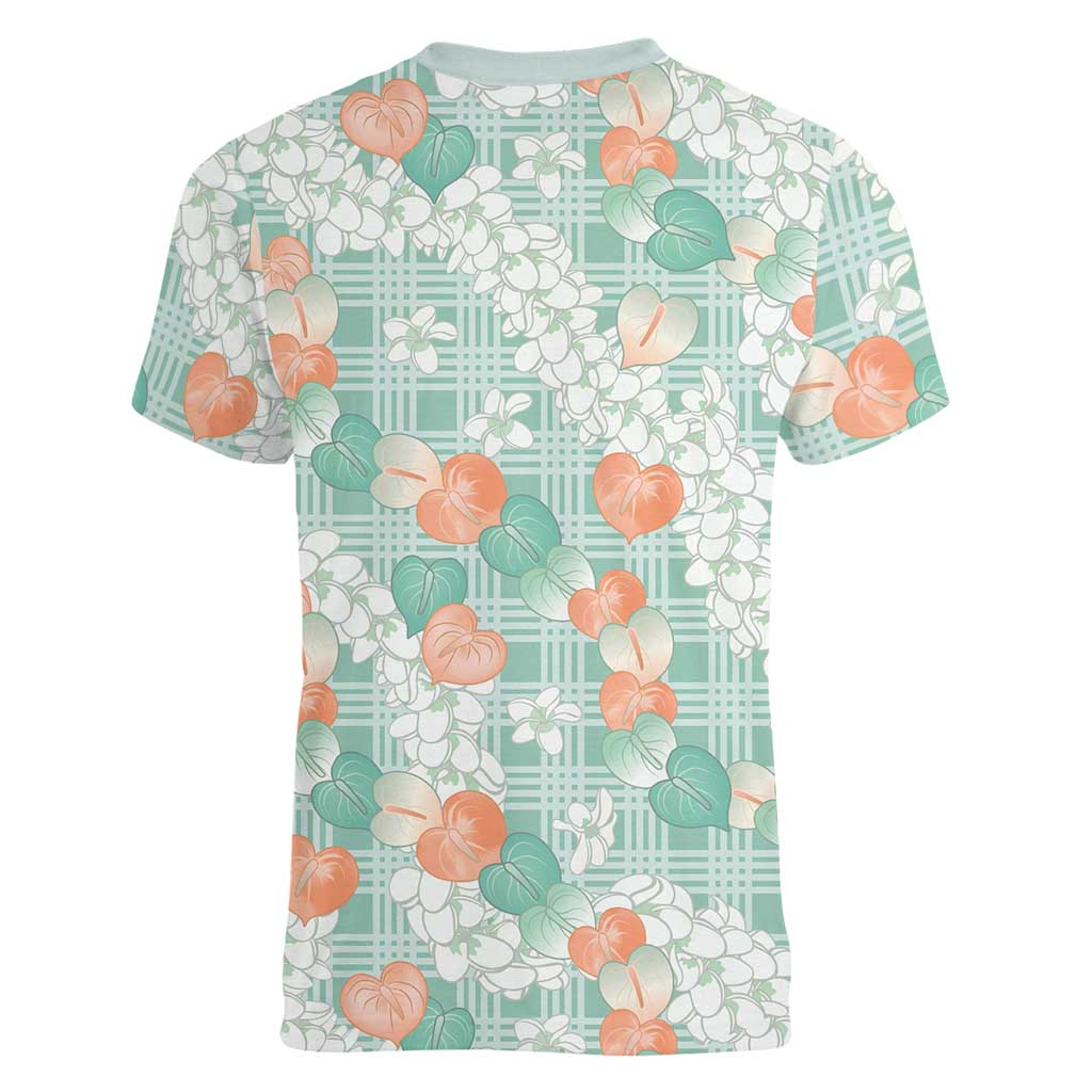 Anthurium Plumeria Lei Pastel Women V-Neck T-Shirt Teal Hawaiian Splendid Palaka LT01 - Polynesian Pride