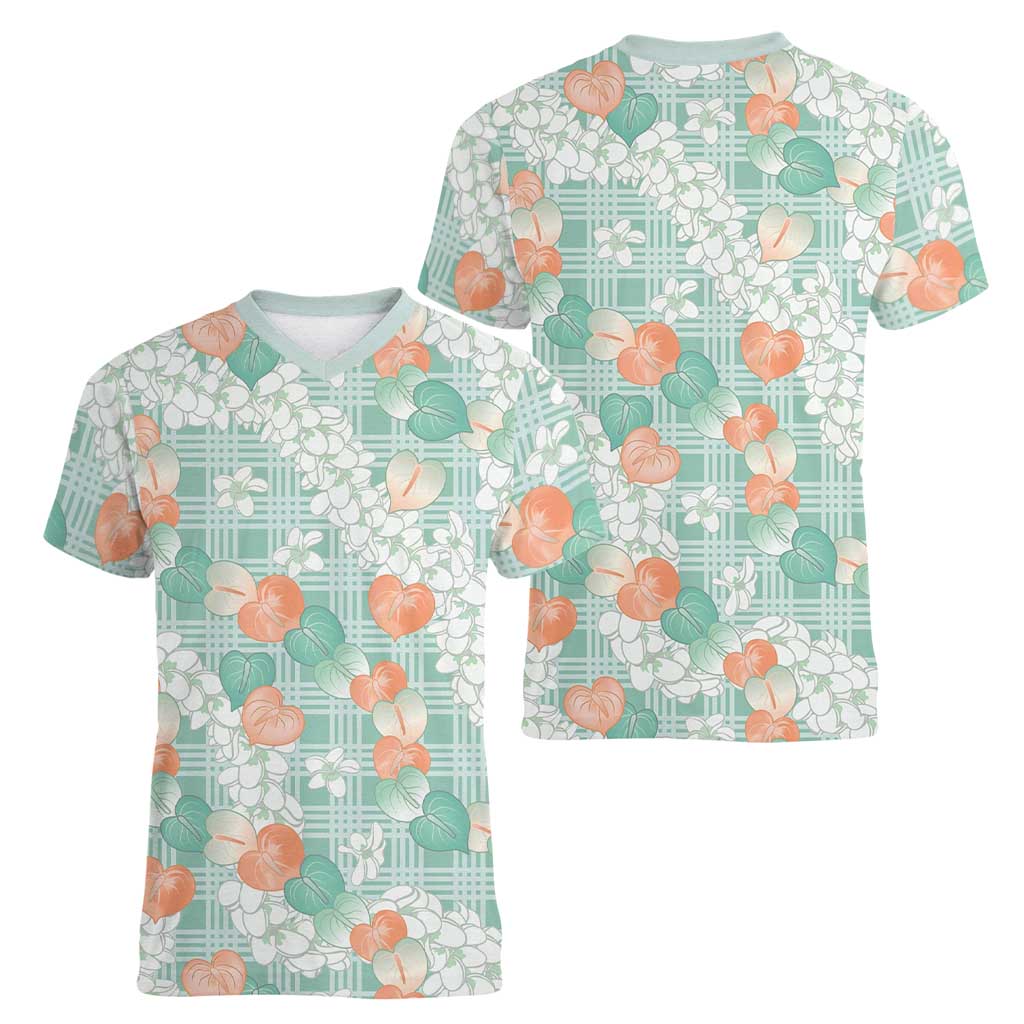 Anthurium Plumeria Lei Pastel Women V-Neck T-Shirt Teal Hawaiian Splendid Palaka LT01 - Polynesian Pride