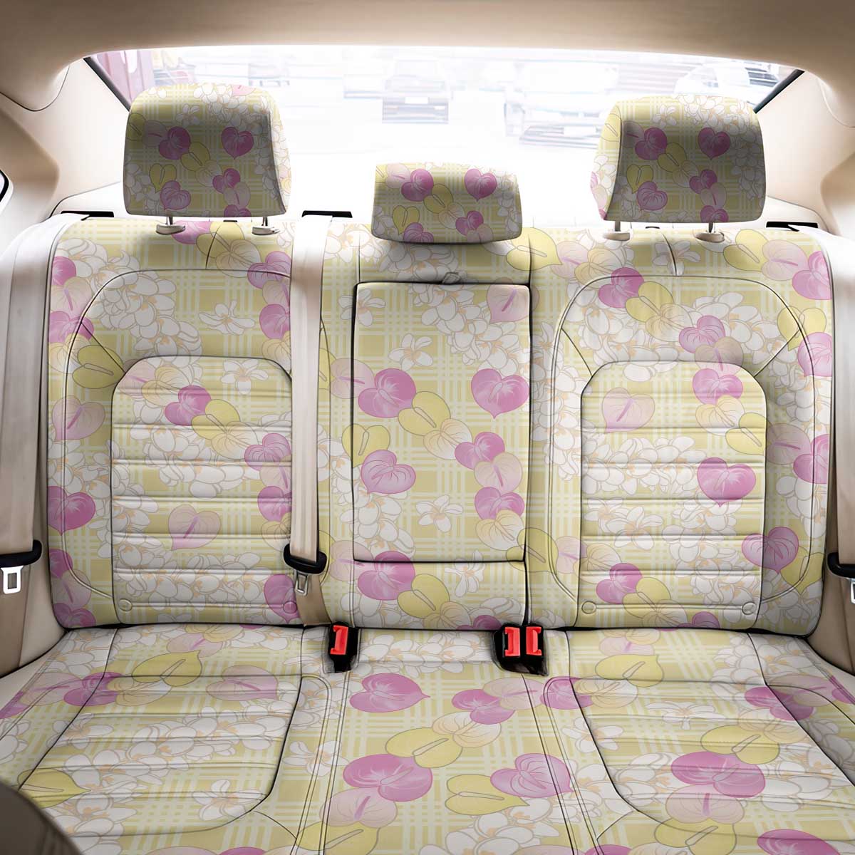 Anthurium Plumeria Lei Pastel Back Car Seat Cover Yellow Hawaiian Splendid Palaka