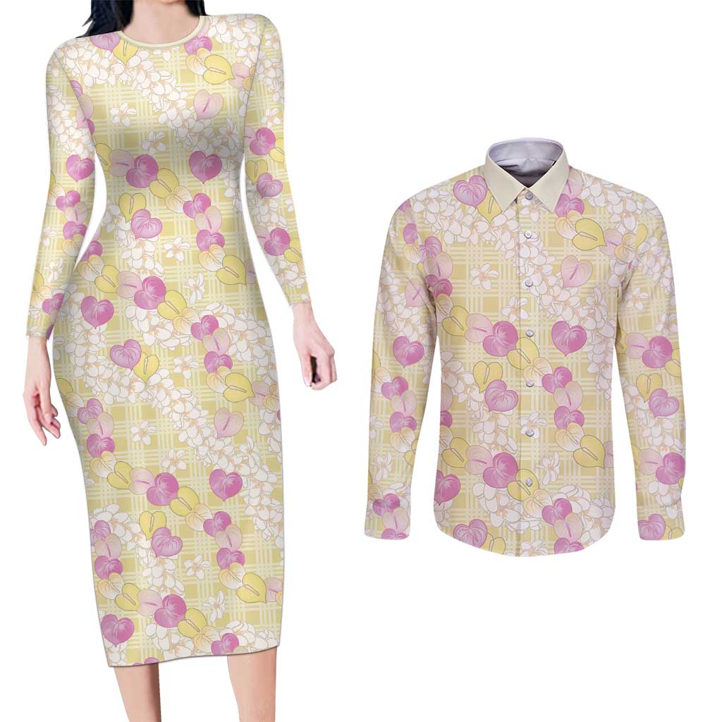 Anthurium Plumeria Lei Pastel Couples Matching Long Sleeve Bodycon Dress and Long Sleeve Button Shirt Yellow Hawaiian Splendid Palaka