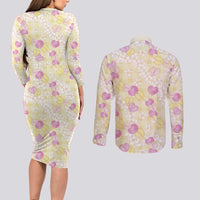 Anthurium Plumeria Lei Pastel Couples Matching Long Sleeve Bodycon Dress and Long Sleeve Button Shirt Yellow Hawaiian Splendid Palaka LT01 - Polynesian Pride