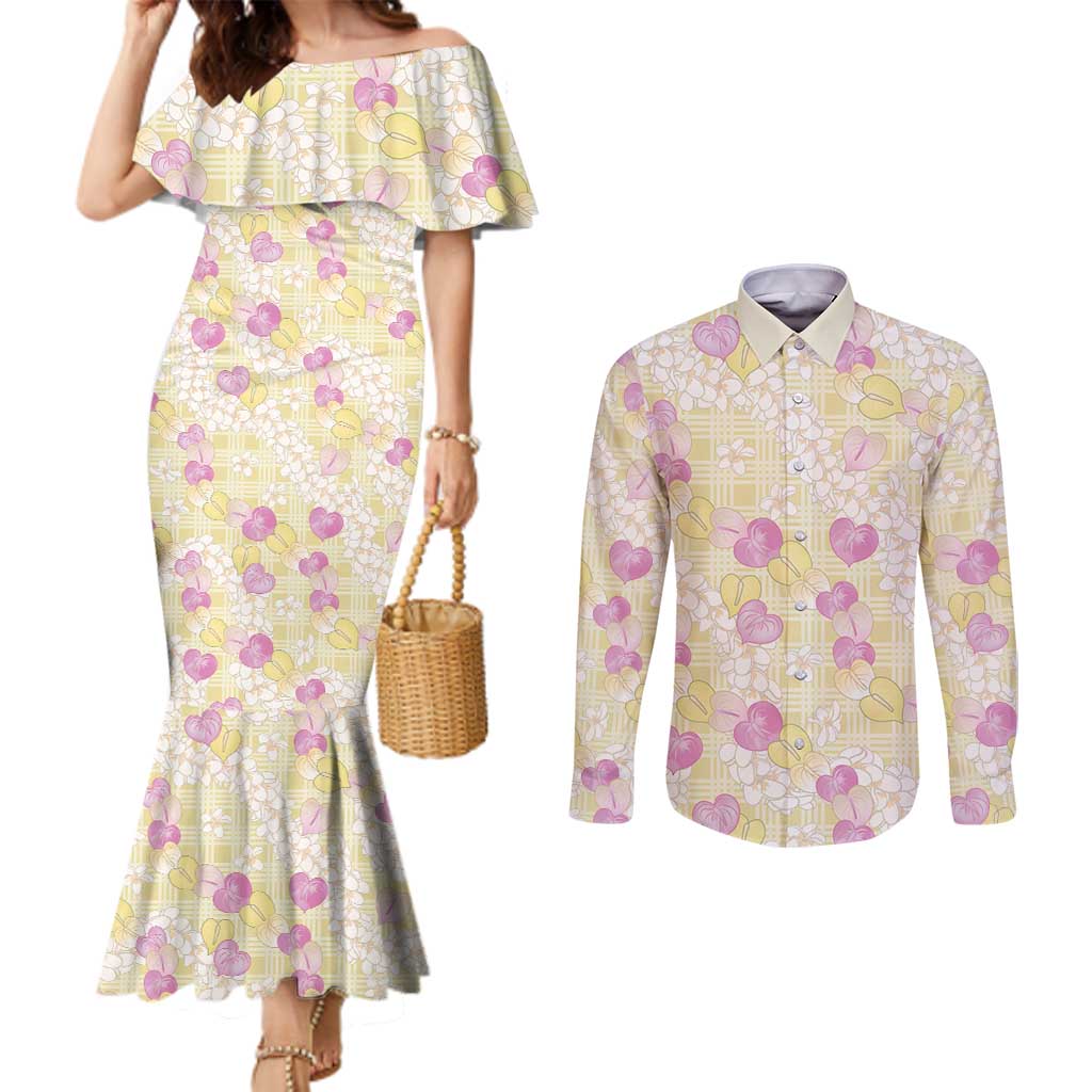 Anthurium Plumeria Lei Pastel Couples Matching Mermaid Dress and Long Sleeve Button Shirt Yellow Hawaiian Splendid Palaka