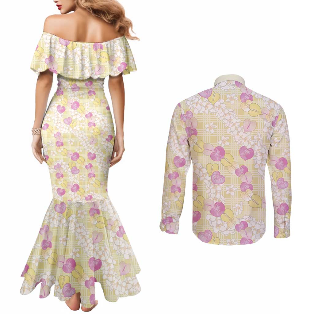 Anthurium Plumeria Lei Pastel Couples Matching Mermaid Dress and Long Sleeve Button Shirt Yellow Hawaiian Splendid Palaka LT01 - Polynesian Pride