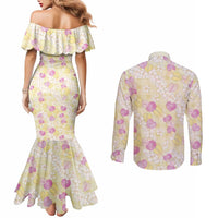 Anthurium Plumeria Lei Pastel Couples Matching Mermaid Dress and Long Sleeve Button Shirt Yellow Hawaiian Splendid Palaka LT01 - Polynesian Pride