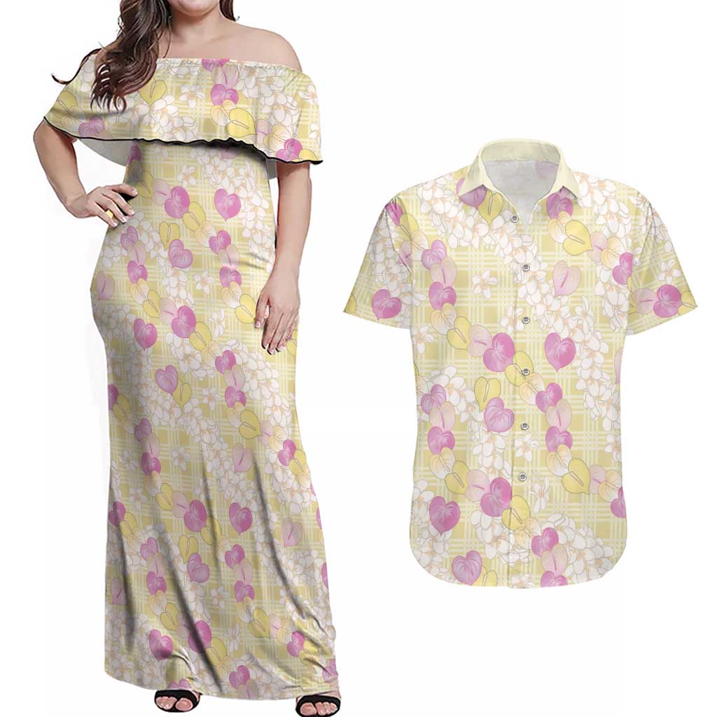Anthurium Plumeria Lei Pastel Couples Matching Off Shoulder Maxi Dress and Hawaiian Shirt Yellow Hawaiian Splendid Palaka