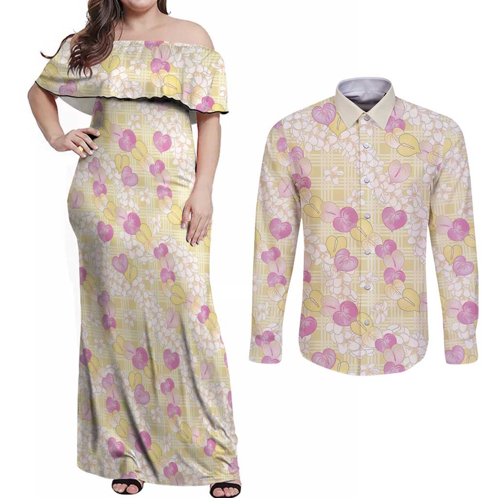 Anthurium Plumeria Lei Pastel Couples Matching Off Shoulder Maxi Dress and Long Sleeve Button Shirt Yellow Hawaiian Splendid Palaka LT01 Yellow - Polynesian Pride