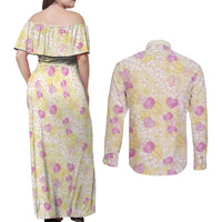 Anthurium Plumeria Lei Pastel Couples Matching Off Shoulder Maxi Dress and Long Sleeve Button Shirt Yellow Hawaiian Splendid Palaka LT01 - Polynesian Pride