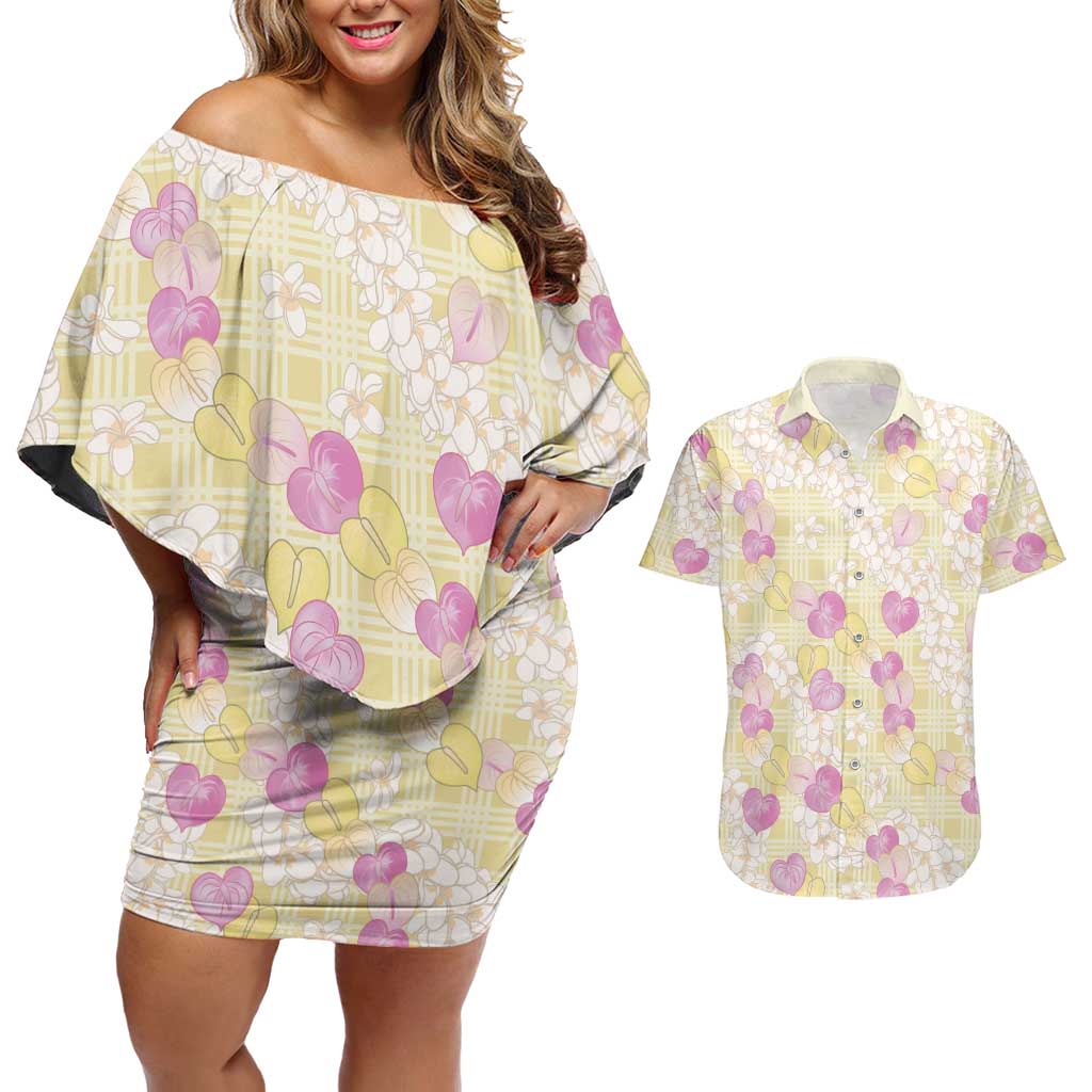 Anthurium Plumeria Lei Pastel Couples Matching Off Shoulder Short Dress and Hawaiian Shirt Yellow Hawaiian Splendid Palaka