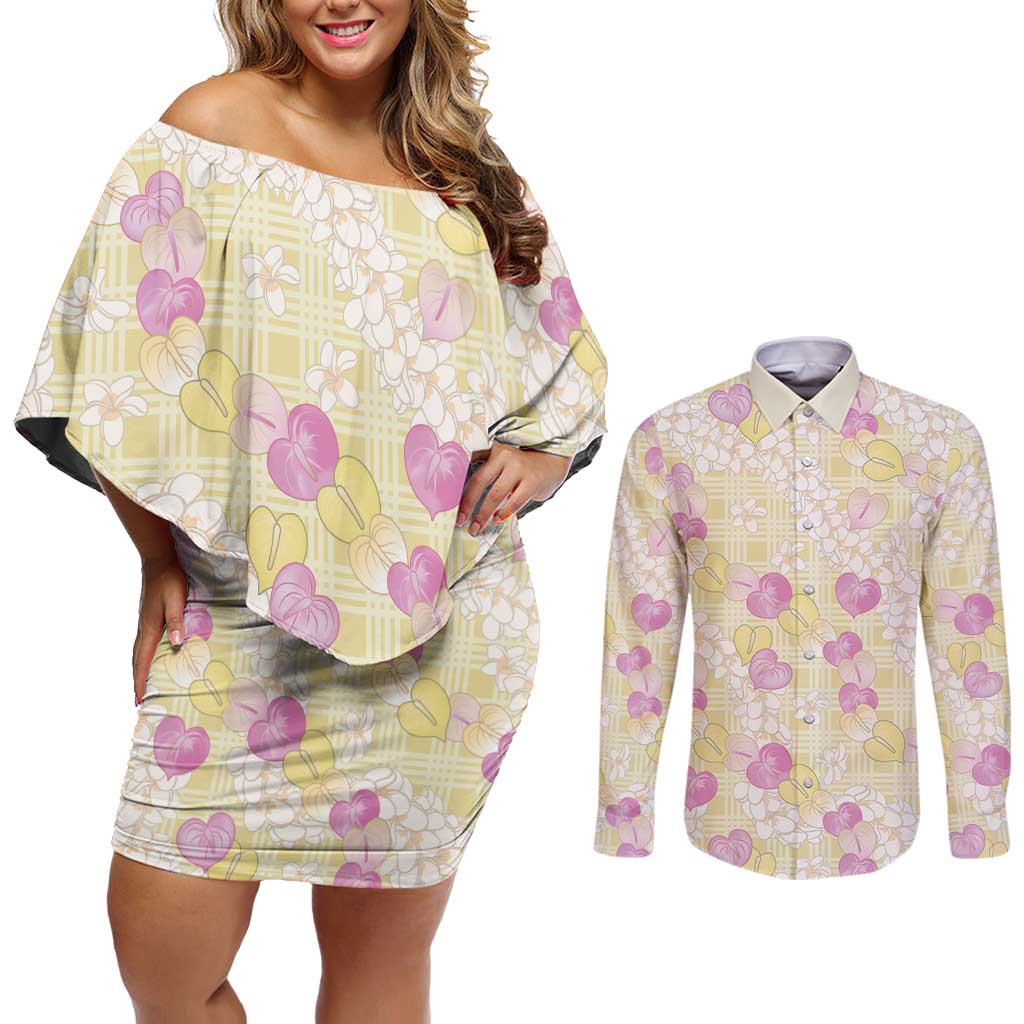Anthurium Plumeria Lei Pastel Couples Matching Off Shoulder Short Dress and Long Sleeve Button Shirt Yellow Hawaiian Splendid Palaka LT01 Yellow - Polynesian Pride
