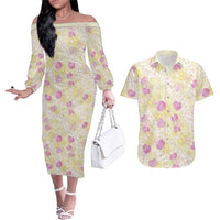 Anthurium Plumeria Lei Pastel Couples Matching Off The Shoulder Long Sleeve Dress and Hawaiian Shirt Yellow Hawaiian Splendid Palaka