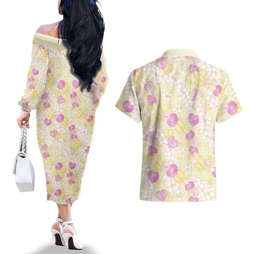 Anthurium Plumeria Lei Pastel Couples Matching Off The Shoulder Long Sleeve Dress and Hawaiian Shirt Yellow Hawaiian Splendid Palaka