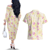 Anthurium Plumeria Lei Pastel Couples Matching Off The Shoulder Long Sleeve Dress and Hawaiian Shirt Yellow Hawaiian Splendid Palaka