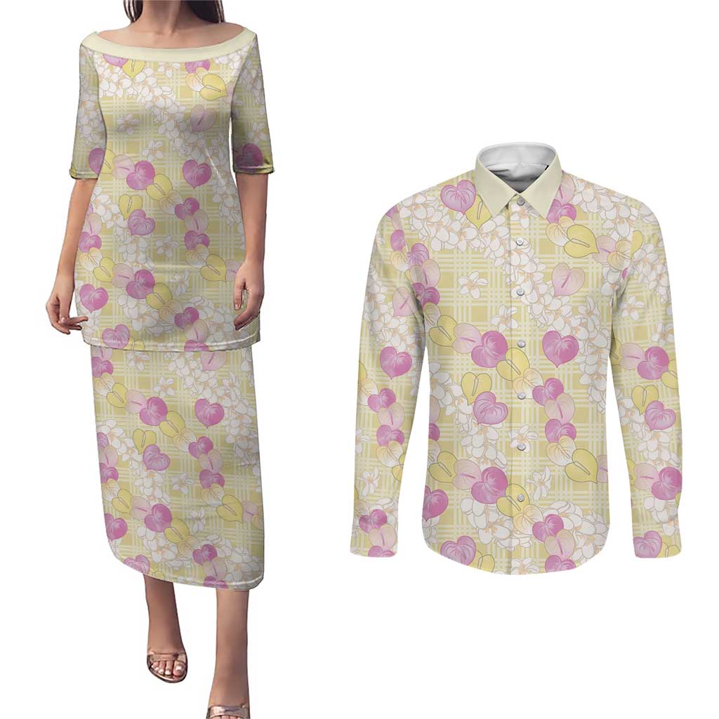 Anthurium Plumeria Lei Pastel Couples Matching Puletasi and Long Sleeve Button Shirt Yellow Hawaiian Splendid Palaka LT01 Yellow - Polynesian Pride