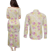 Anthurium Plumeria Lei Pastel Couples Matching Puletasi and Long Sleeve Button Shirt Yellow Hawaiian Splendid Palaka LT01 - Polynesian Pride