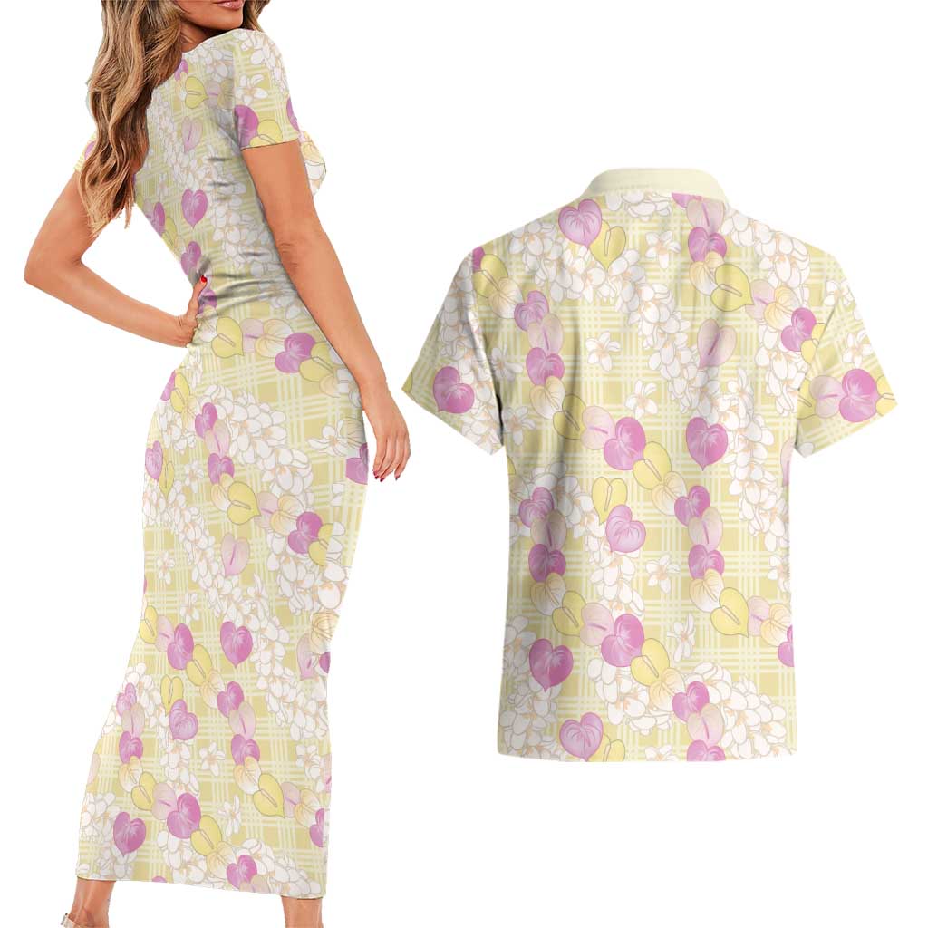 Anthurium Plumeria Lei Pastel Couples Matching Short Sleeve Bodycon Dress and Hawaiian Shirt Yellow Hawaiian Splendid Palaka