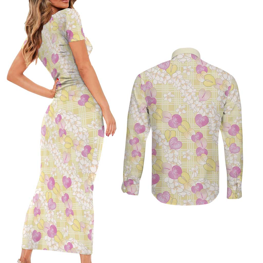 Anthurium Plumeria Lei Pastel Couples Matching Short Sleeve Bodycon Dress and Long Sleeve Button Shirt Yellow Hawaiian Splendid Palaka LT01 - Polynesian Pride