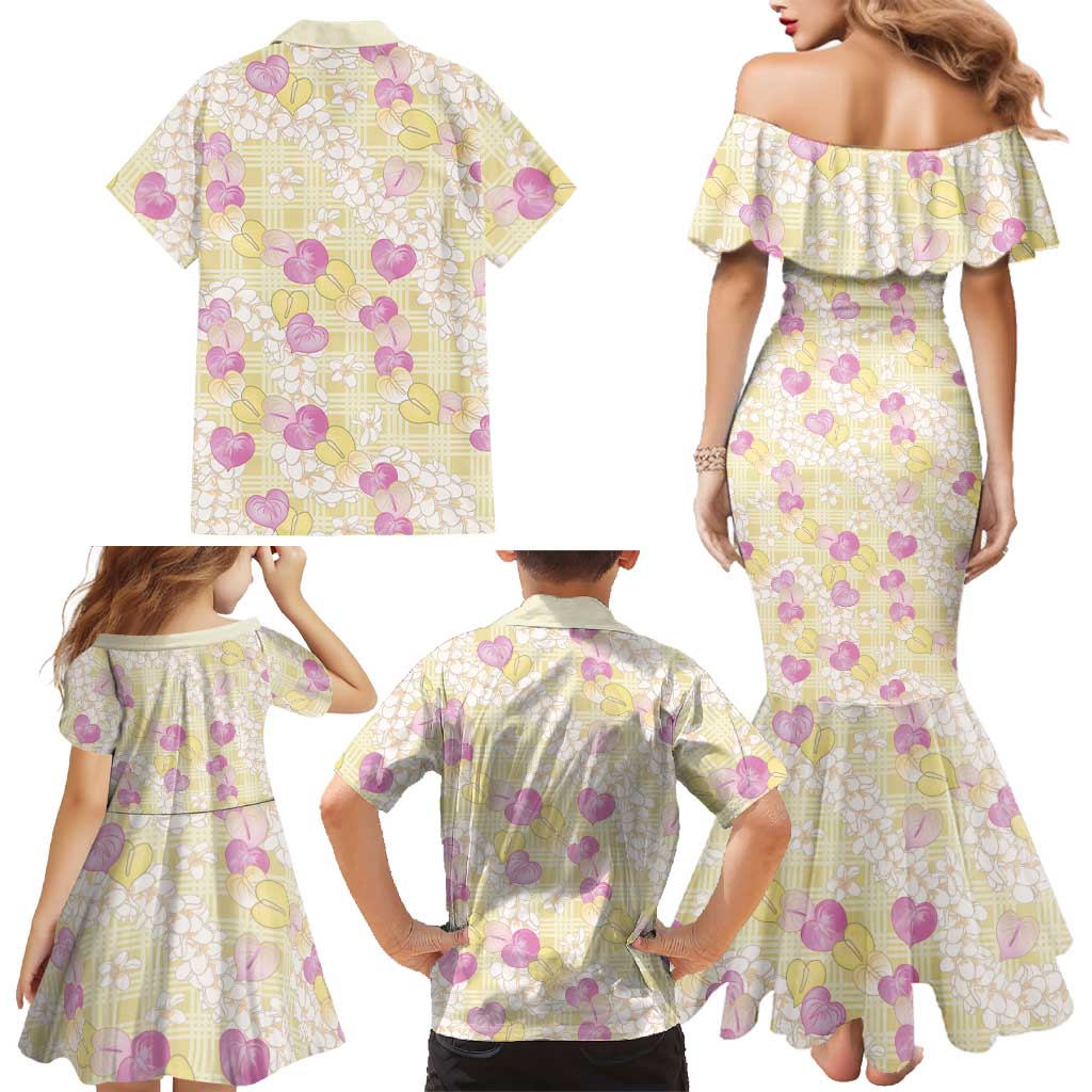 Anthurium Plumeria Lei Pastel Family Matching Mermaid Dress and Hawaiian Shirt Yellow Hawaiian Splendid Palaka LT01 - Polynesian Pride
