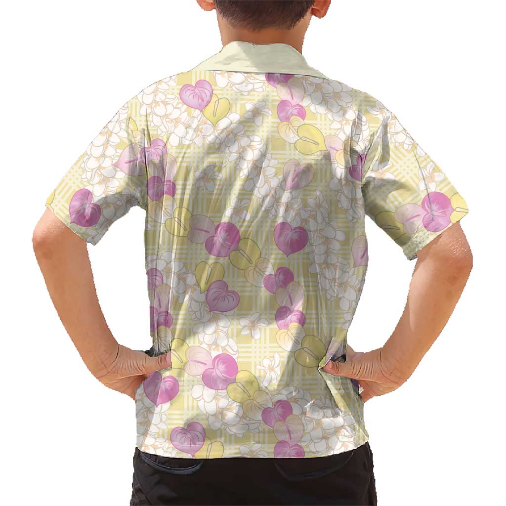 Anthurium Plumeria Lei Pastel Family Matching Off The Shoulder Long Sleeve Dress and Hawaiian Shirt Yellow Hawaiian Splendid Palaka LT01 - Polynesian Pride