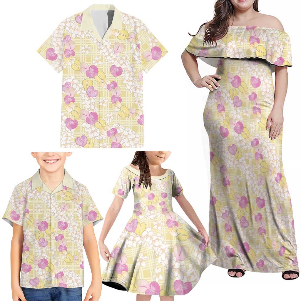 Anthurium Plumeria Lei Pastel Family Matching Off Shoulder Maxi Dress and Hawaiian Shirt Yellow Hawaiian Splendid Palaka LT01 - Polynesian Pride