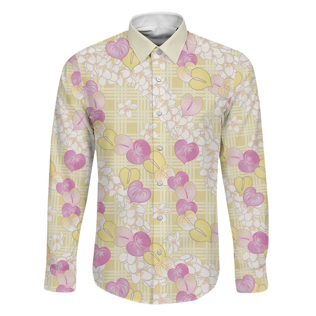 Anthurium Plumeria Lei Pastel Family Matching Off Shoulder Maxi Dress and Hawaiian Shirt Yellow Hawaiian Splendid Palaka LT01 Dad's Shirt - Long Sleeve Yellow - Polynesian Pride