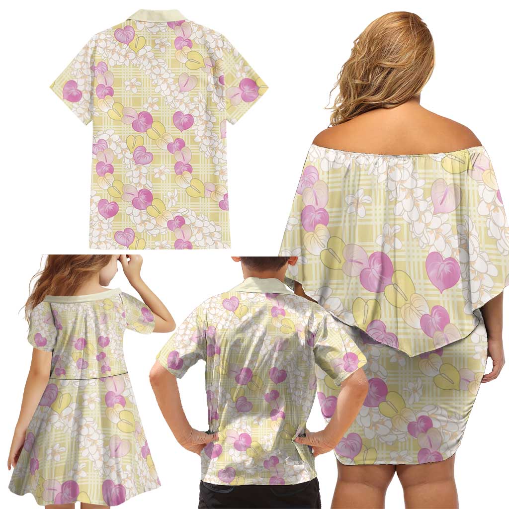 Anthurium Plumeria Lei Pastel Family Matching Off Shoulder Short Dress and Hawaiian Shirt Yellow Hawaiian Splendid Palaka LT01 - Polynesian Pride