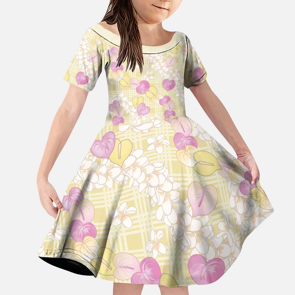 Anthurium Plumeria Lei Pastel Family Matching Short Sleeve Bodycon Dress and Hawaiian Shirt Yellow Hawaiian Splendid Palaka LT01 Daughter's Dress Yellow - Polynesian Pride