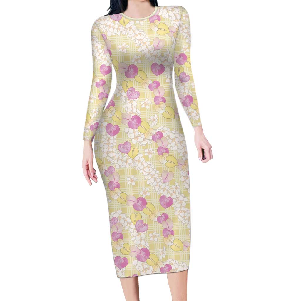 Anthurium Plumeria Lei Pastel Long Sleeve Bodycon Dress Yellow Hawaiian Splendid Palaka LT01 Long Dress Yellow - Polynesian Pride