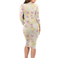 Anthurium Plumeria Lei Pastel Long Sleeve Bodycon Dress Yellow Hawaiian Splendid Palaka LT01 - Polynesian Pride