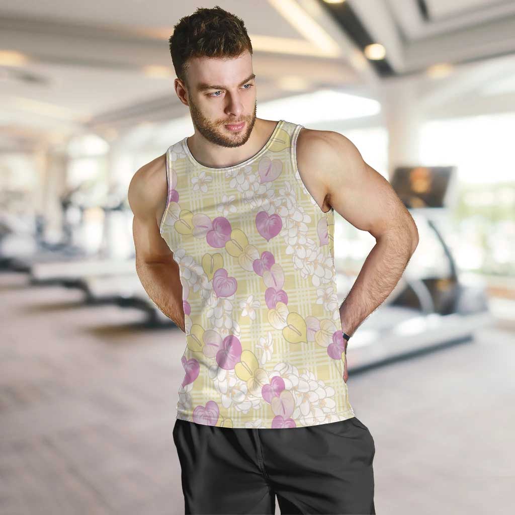 Anthurium Plumeria Lei Pastel Men Tank Top Yellow Hawaiian Splendid Palaka LT01 Yellow - Polynesian Pride