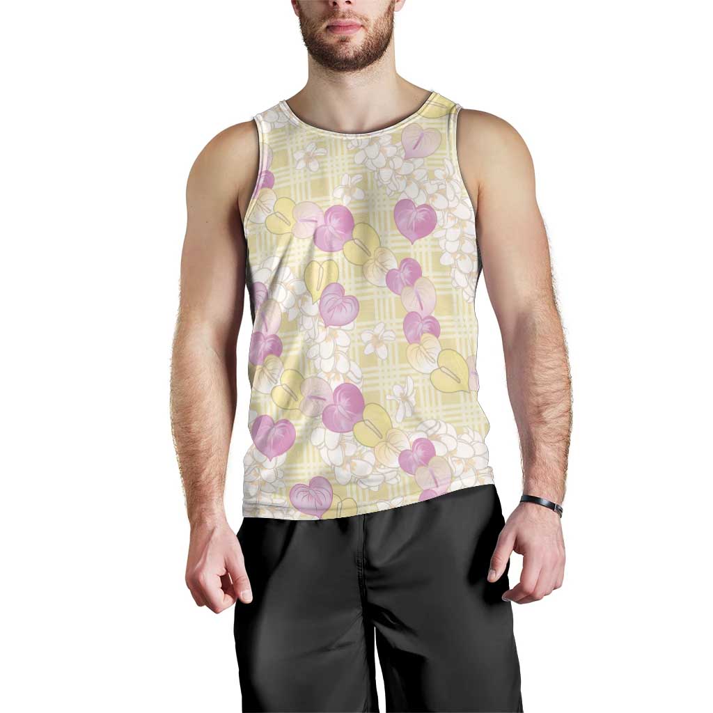 Anthurium Plumeria Lei Pastel Men Tank Top Yellow Hawaiian Splendid Palaka LT01 - Polynesian Pride