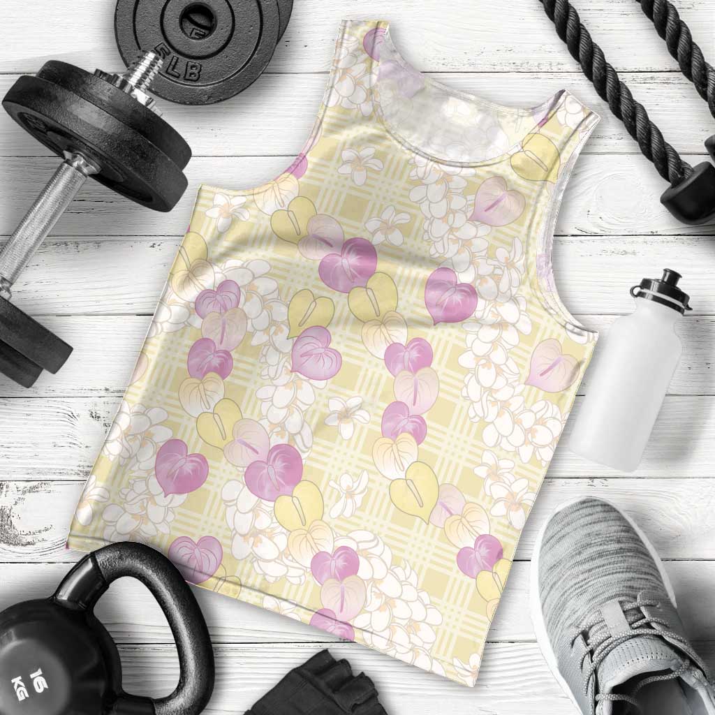 Anthurium Plumeria Lei Pastel Men Tank Top Yellow Hawaiian Splendid Palaka LT01 - Polynesian Pride