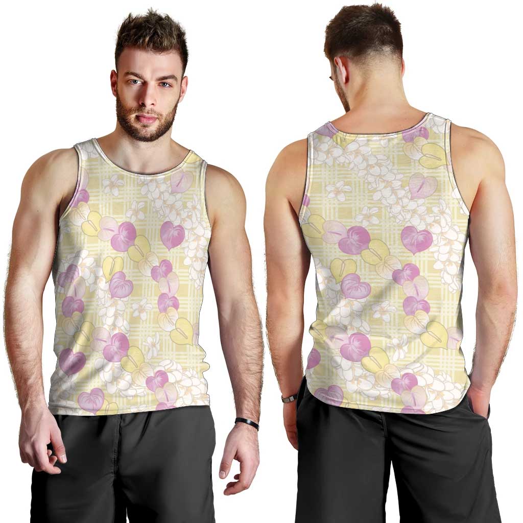 Anthurium Plumeria Lei Pastel Men Tank Top Yellow Hawaiian Splendid Palaka LT01 - Polynesian Pride
