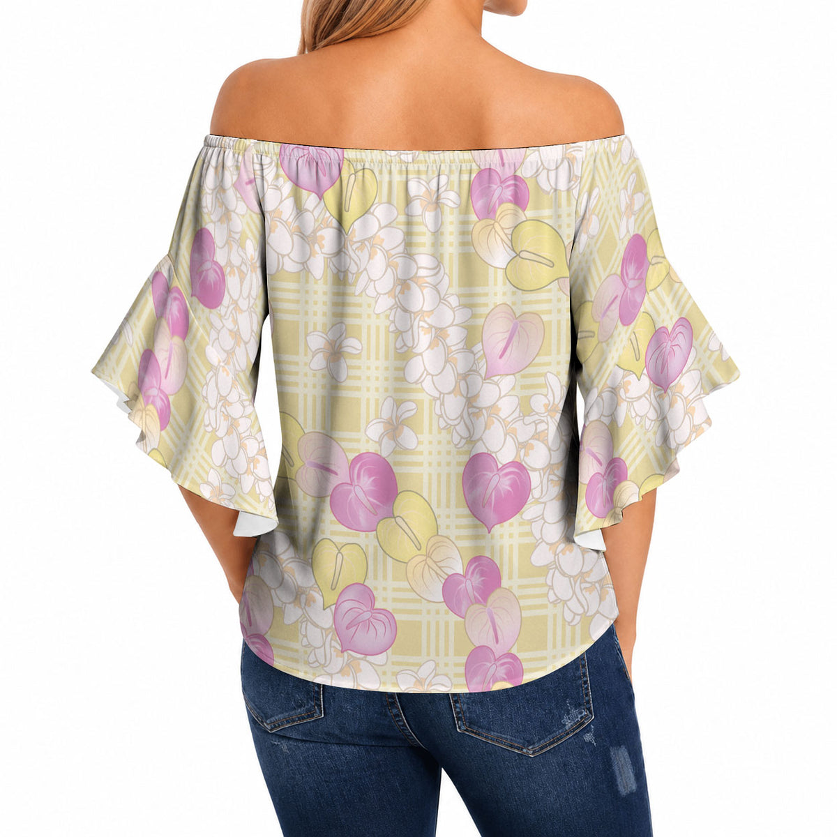 Anthurium Plumeria Lei Pastel Off Shoulder Wrap Waist Top Yellow Hawaiian Splendid Palaka LT01 - Polynesian Pride