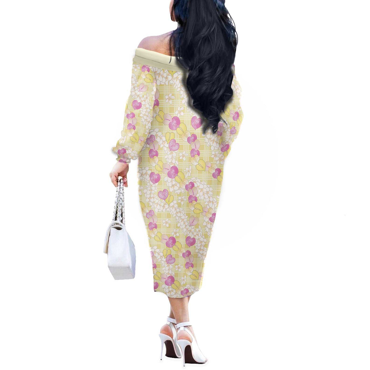 Anthurium Plumeria Lei Pastel Off The Shoulder Long Sleeve Dress Yellow Hawaiian Splendid Palaka LT01 - Polynesian Pride
