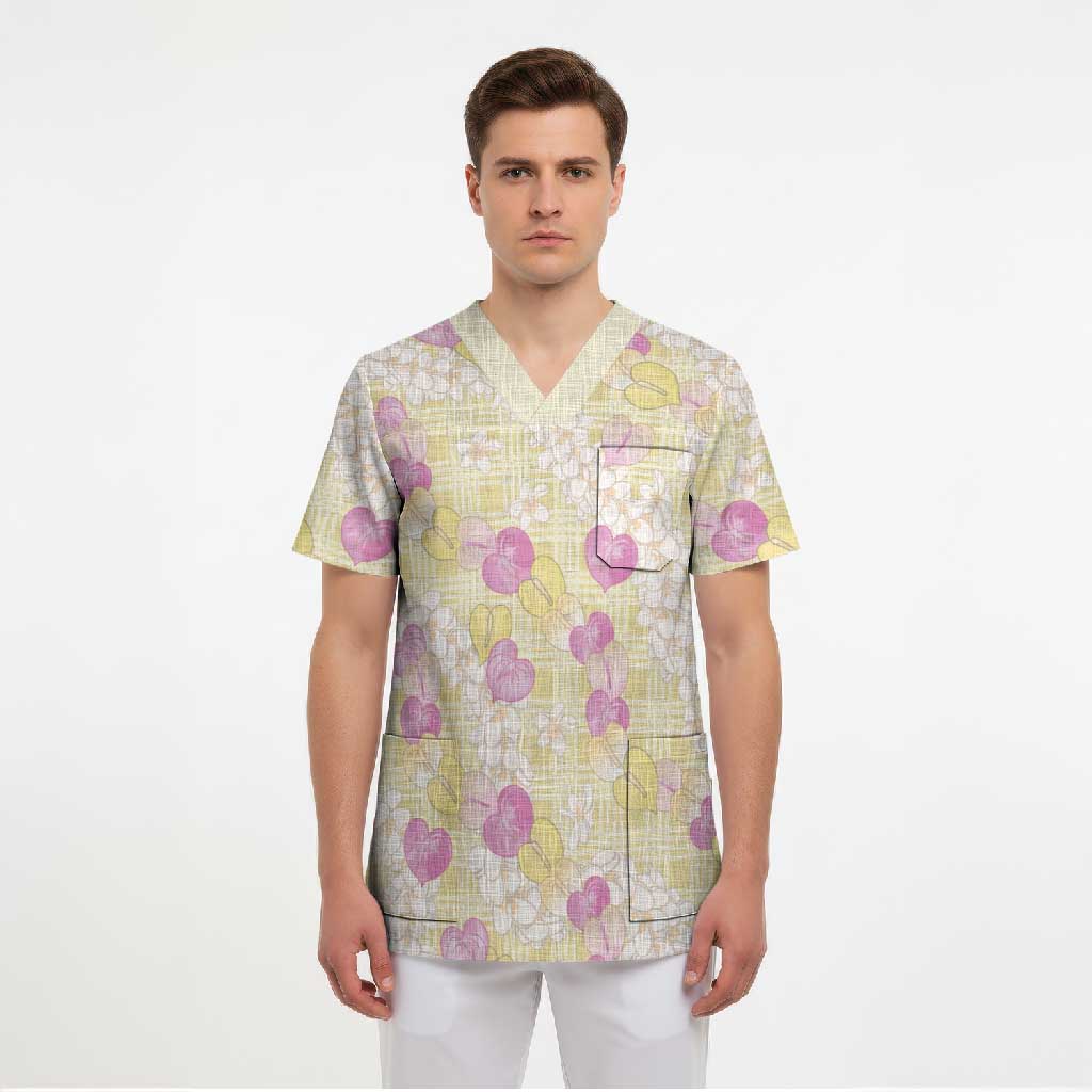 Anthurium Plumeria Lei Pastel Scrub Top Yellow Hawaiian Splendid Palaka