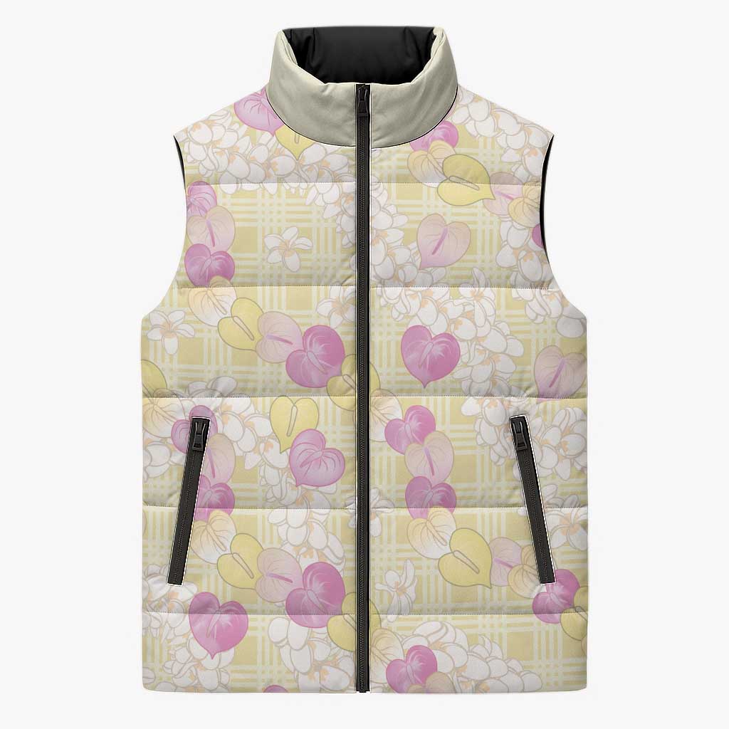 Anthurium Plumeria Lei Pastel Sleeveless Puffer Jacket Yellow Hawaiian Splendid Palaka