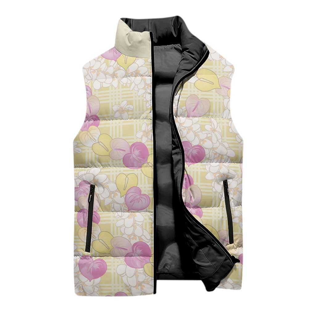 Anthurium Plumeria Lei Pastel Sleeveless Puffer Jacket Yellow Hawaiian Splendid Palaka