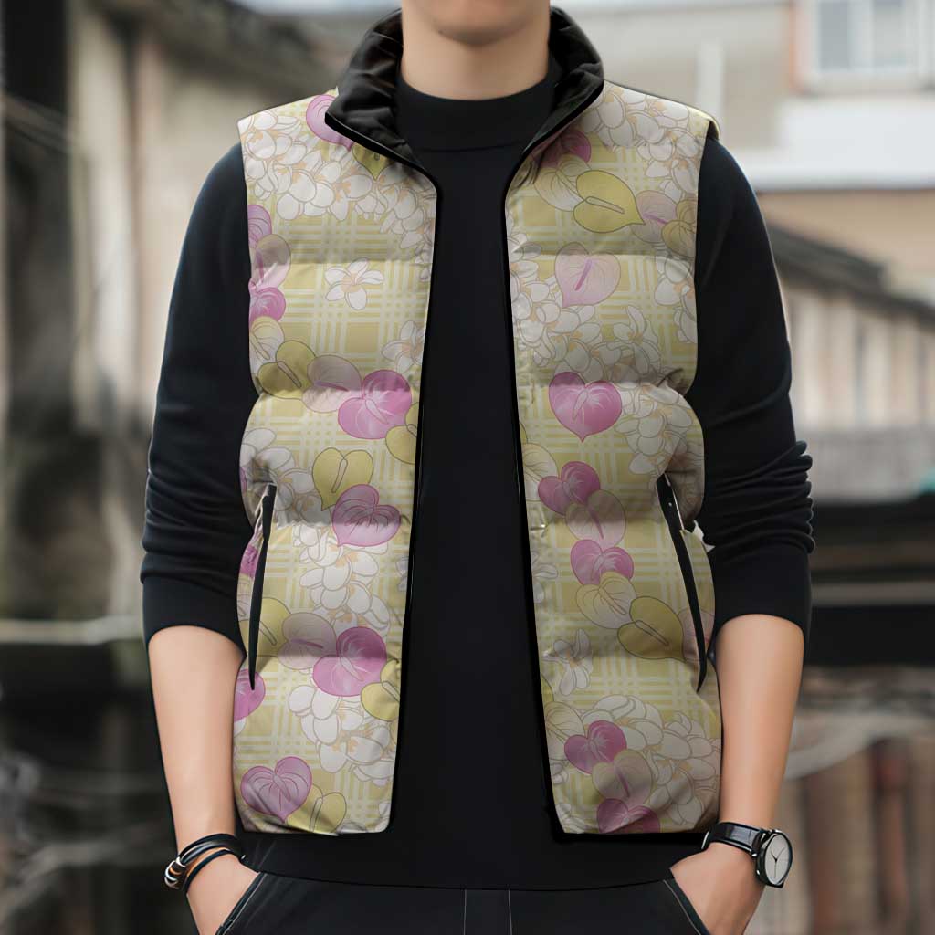 Anthurium Plumeria Lei Pastel Sleeveless Puffer Jacket Yellow Hawaiian Splendid Palaka