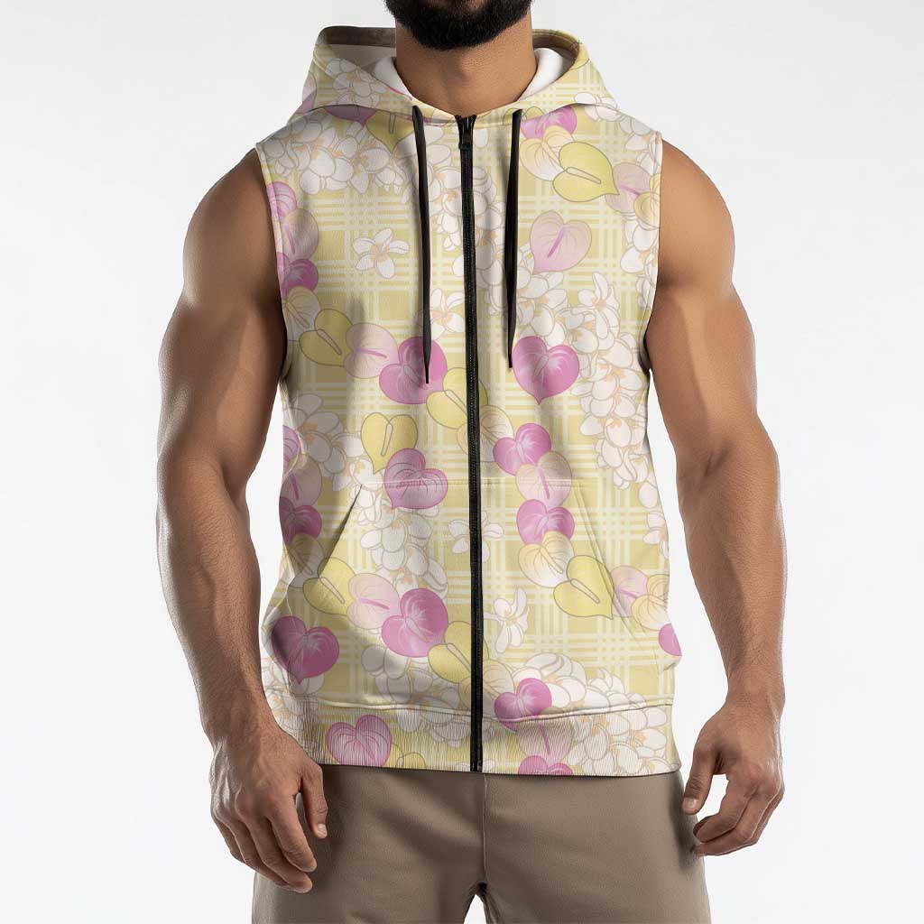 Anthurium Plumeria Lei Pastel Sleeveless Zip Hoodie Yellow Hawaiian Splendid Palaka
