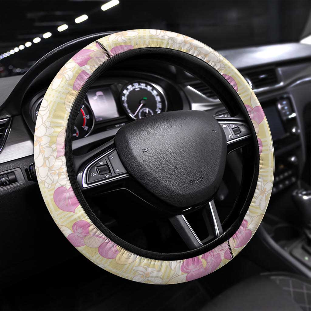 Anthurium Plumeria Lei Pastel Steering Wheel Cover Yellow Hawaiian Splendid Palaka